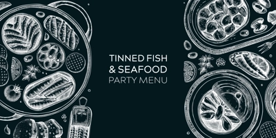 Hand drawn canned fish border design. Vector seafood background on chalkboard. Sardines, anchovy, mackerel, tuna, mussels in tin cans, fish canapes, olives, crackers and lemons sketches.